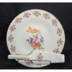 Concordia Lesov Czech porcelain cake plate Meissen Rose, serve knife